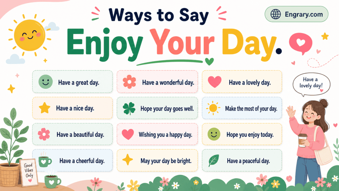 80 professional and casual ways to say “enjoy your day” in English with polite, customer-service, romantic, text-friendly, and supportive phrases.