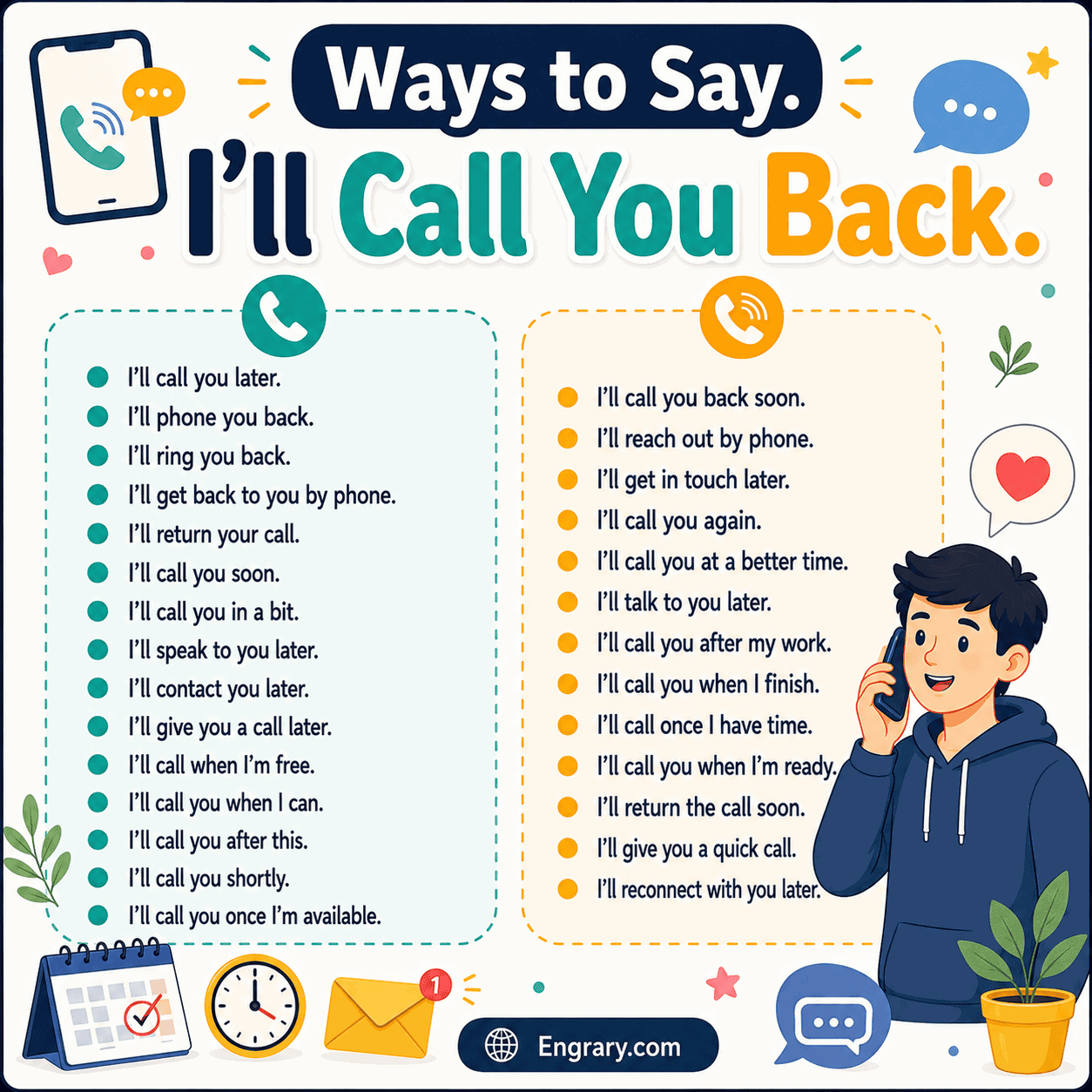 Infographic showing polite and casual alternatives to say "I'll call you back" in English