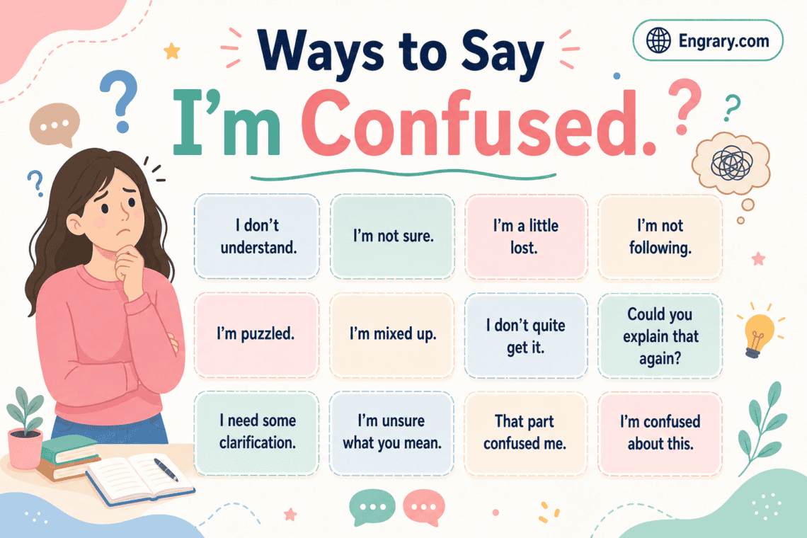 Other ways to say “I’m confused” in English with polite, professional, casual, classroom, work, text, and clarification phrases.