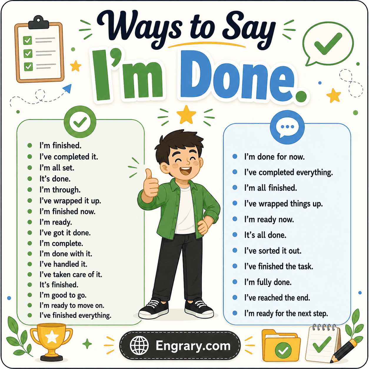 Professional ways to say “I’m done” at work in English with phrases for completed tasks, emails, reports, project updates, and ready-for-review messages.