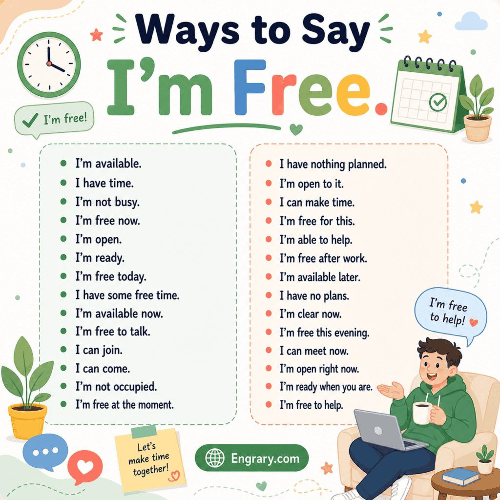 Best alternatives to “I’m free” in English with polite, professional, casual, meeting, call, job, calendar, and social-plan phrases.