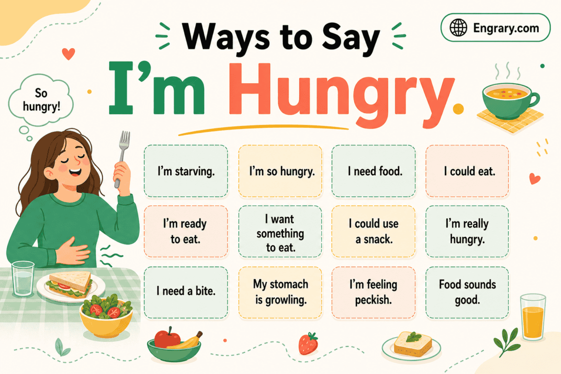 100 plus polite and funny ways to say I’m hungry in English with casual, respectful, snack, craving, and meal-time phrases.