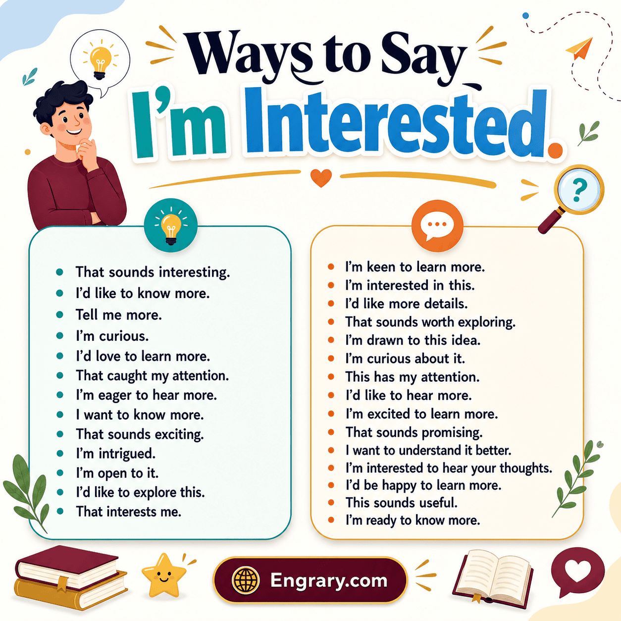 Best alternatives to “I’m interested” in English with professional, romantic, curious, business, job application, and text phrases.