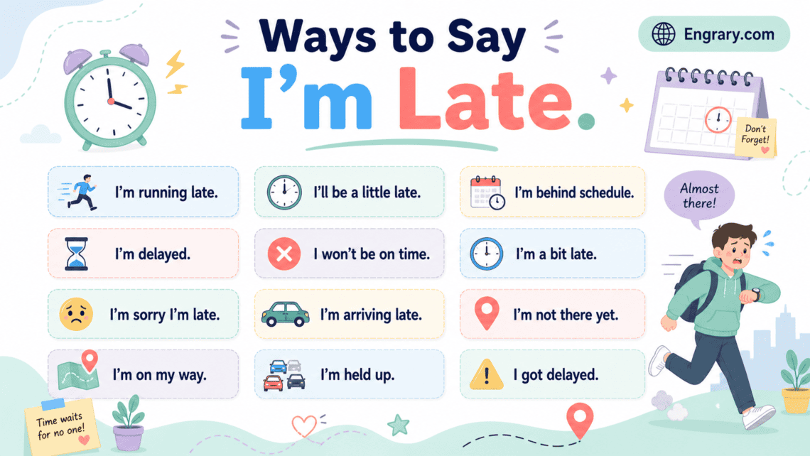 90 professional and casual ways to say “I’m late” in English with polite apologies, quick texts, traffic-delay phrases, late replies, and deadline messages.