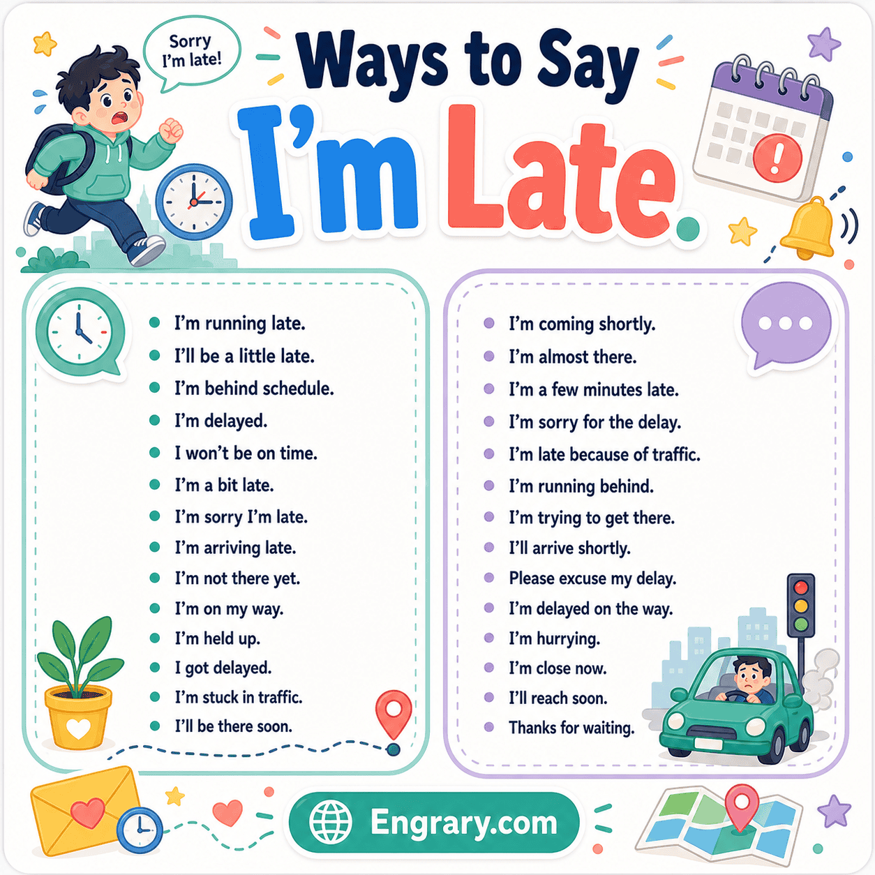 Best alternatives to “I’m late” in English with polite apologies, professional messages, casual texts, traffic-delay phrases, late replies, and deadline wording.