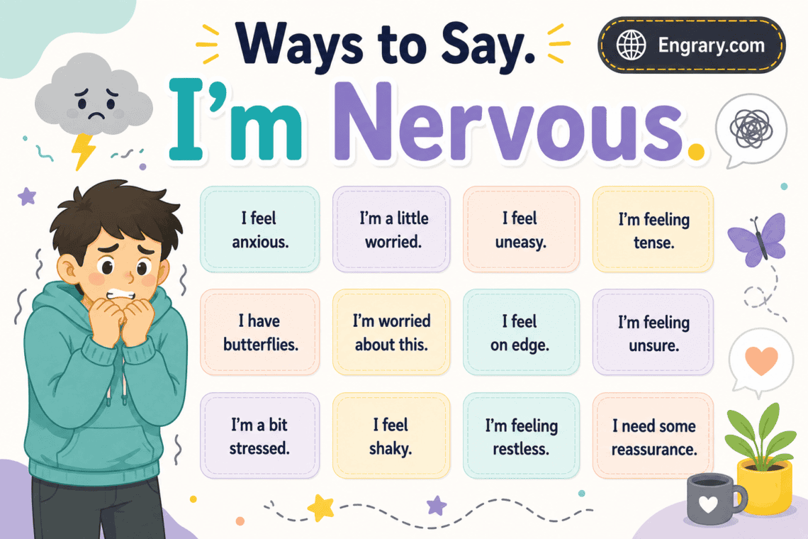100 better ways to say “I’m nervous” in English with phrases for interviews, exams, presentations, social situations, texts, and nervous idioms.