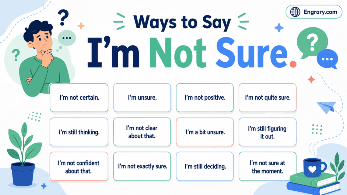 90 plus better ways to say I’m not sure in English with polite, professional, casual, and careful uncertainty phrases.