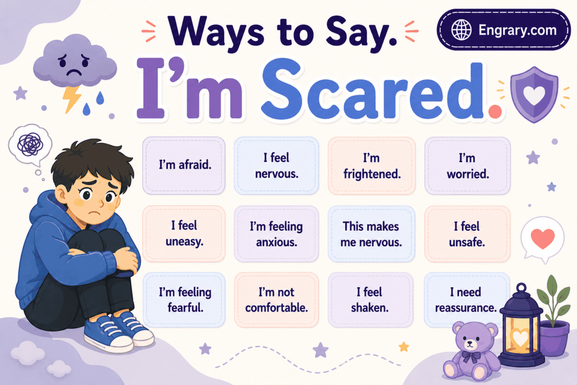 100 ways to say “I’m scared” clearly and calmly, including polite, professional, anxiety, safety, reassurance, text, and fear idiom phrases.