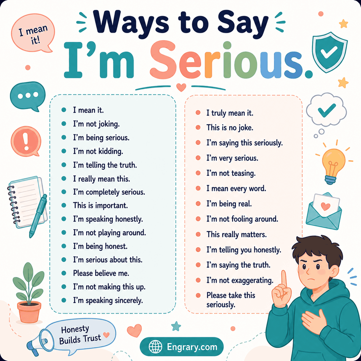 Best alternatives to “I’m serious” in English with polite, professional, sincere, warning, boundary, and commitment phrases.