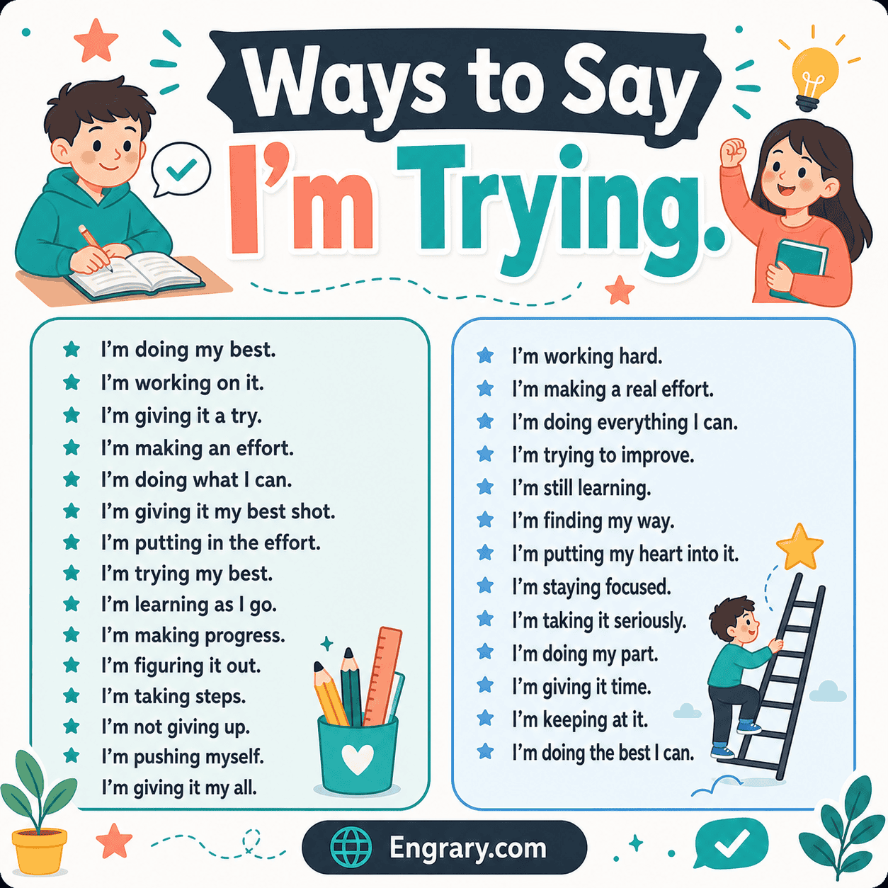 Best alternatives to “I’m trying” in English with polite, professional, effort, progress, learning, persistence, and personal-growth phrases.