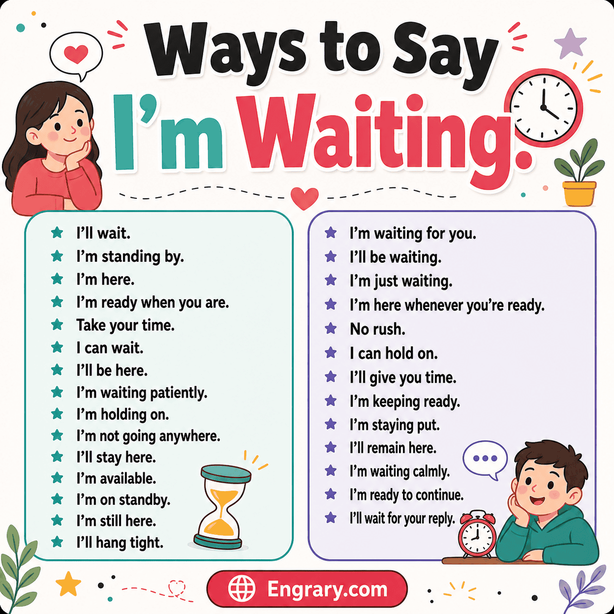 Other ways to say “I’m waiting” in English with polite, professional, patient, email, text, appointment, and follow-up phrases.