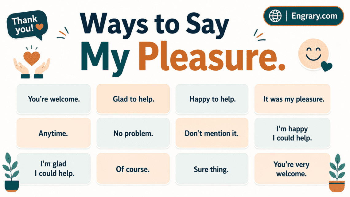 60 polite ways to say my pleasure in English with professional, formal, casual, and friendly thank-you replies.