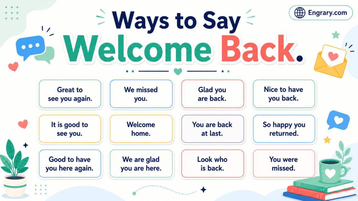 Welcome back phrases for work and texts in English with polite, professional, friendly, and casual return greetings.