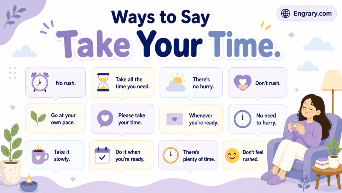 Take your time phrases for emails and messages in English with polite, professional, casual, and reassuring no-rush alternatives.
