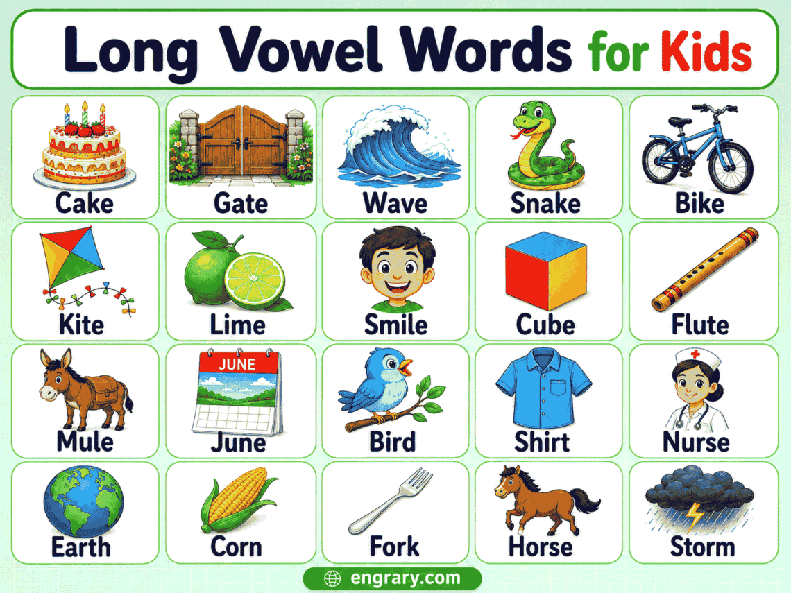Long Vowel Words for Kids with Lists, Meanings and Examples