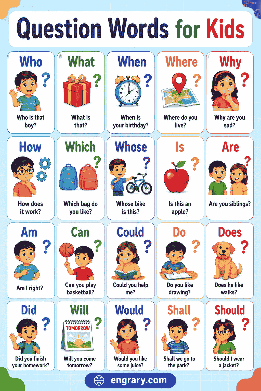 WH Question Words for Kids in English with Examples