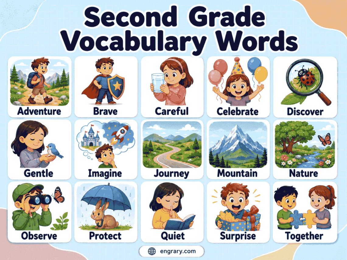 100 Second Grade Vocabulary Words with Meanings and Sentences
