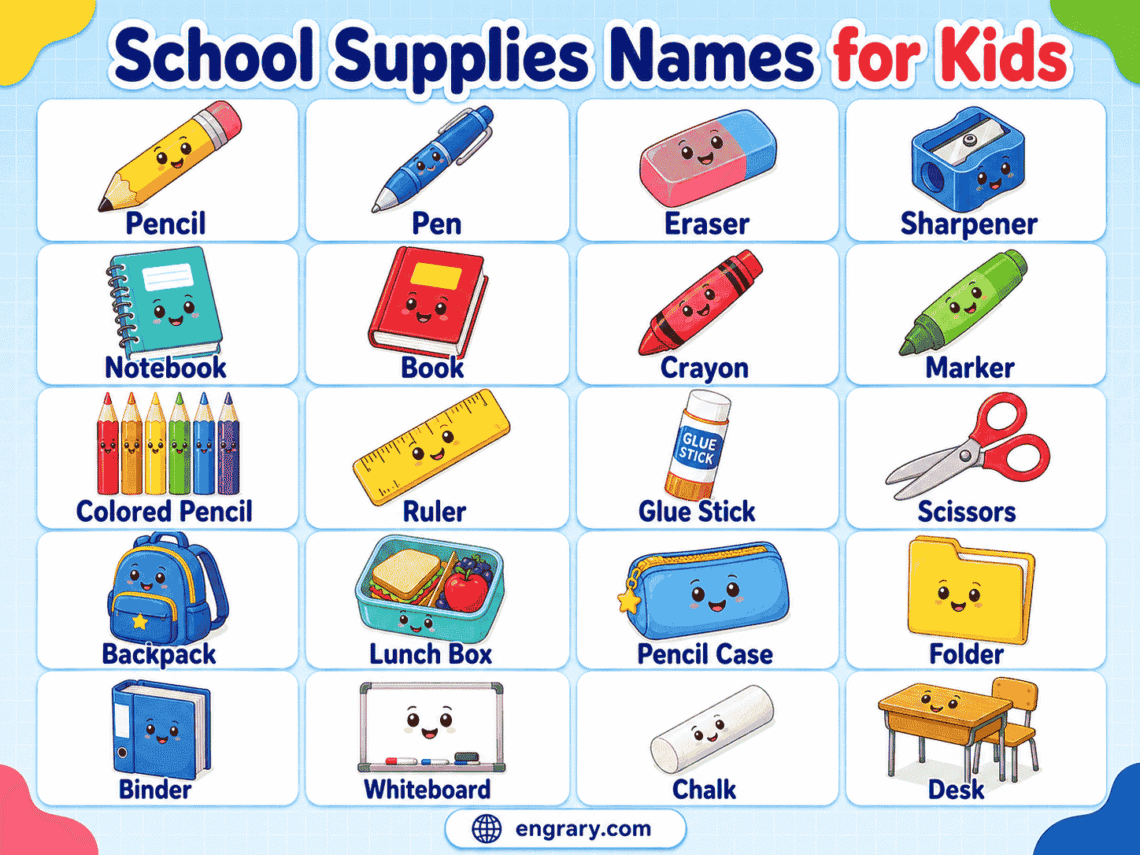 School Supplies Names for Kids: Easy Lists with Pictures