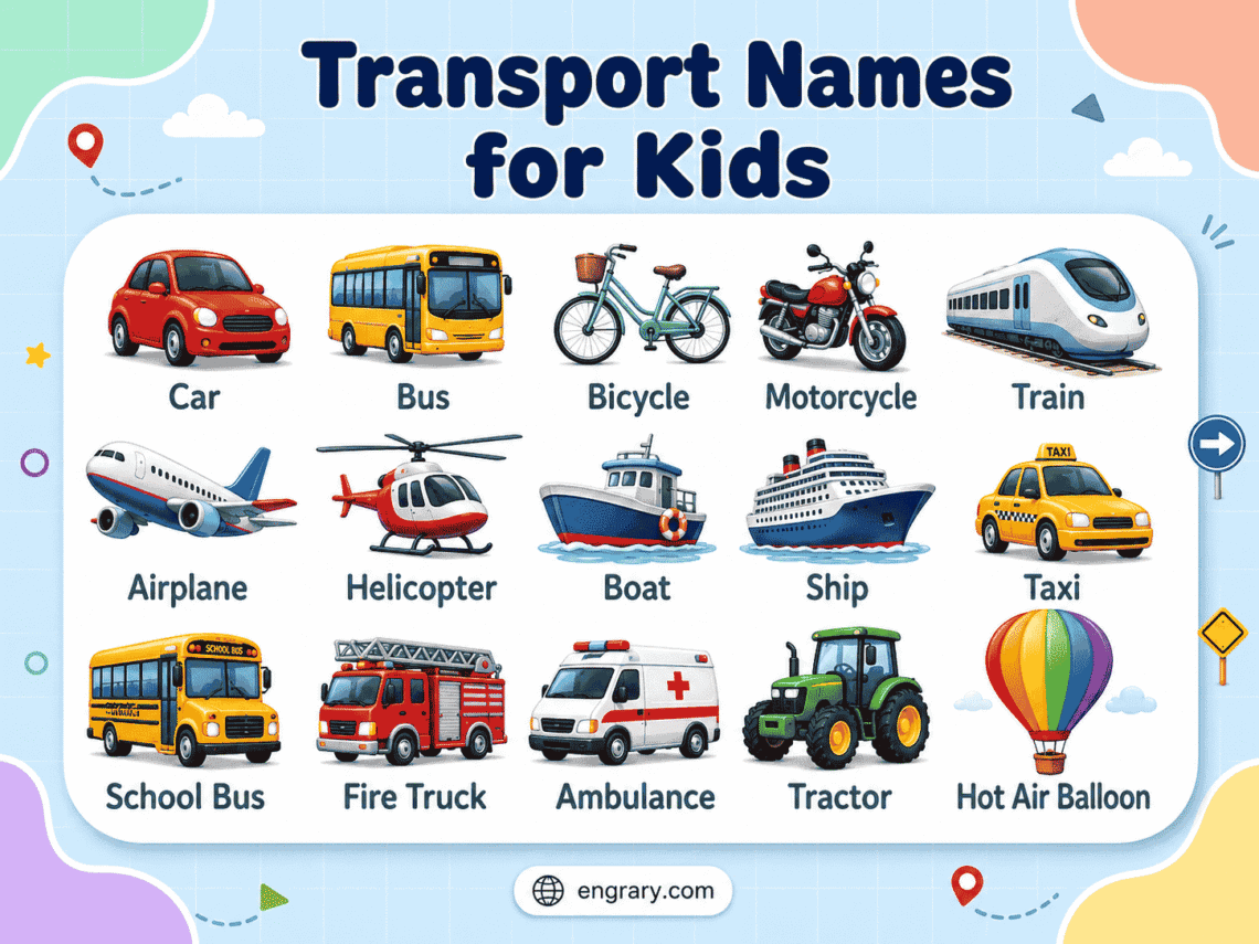 Transport Names for Kids: Vehicles, Uses, and Pictures
