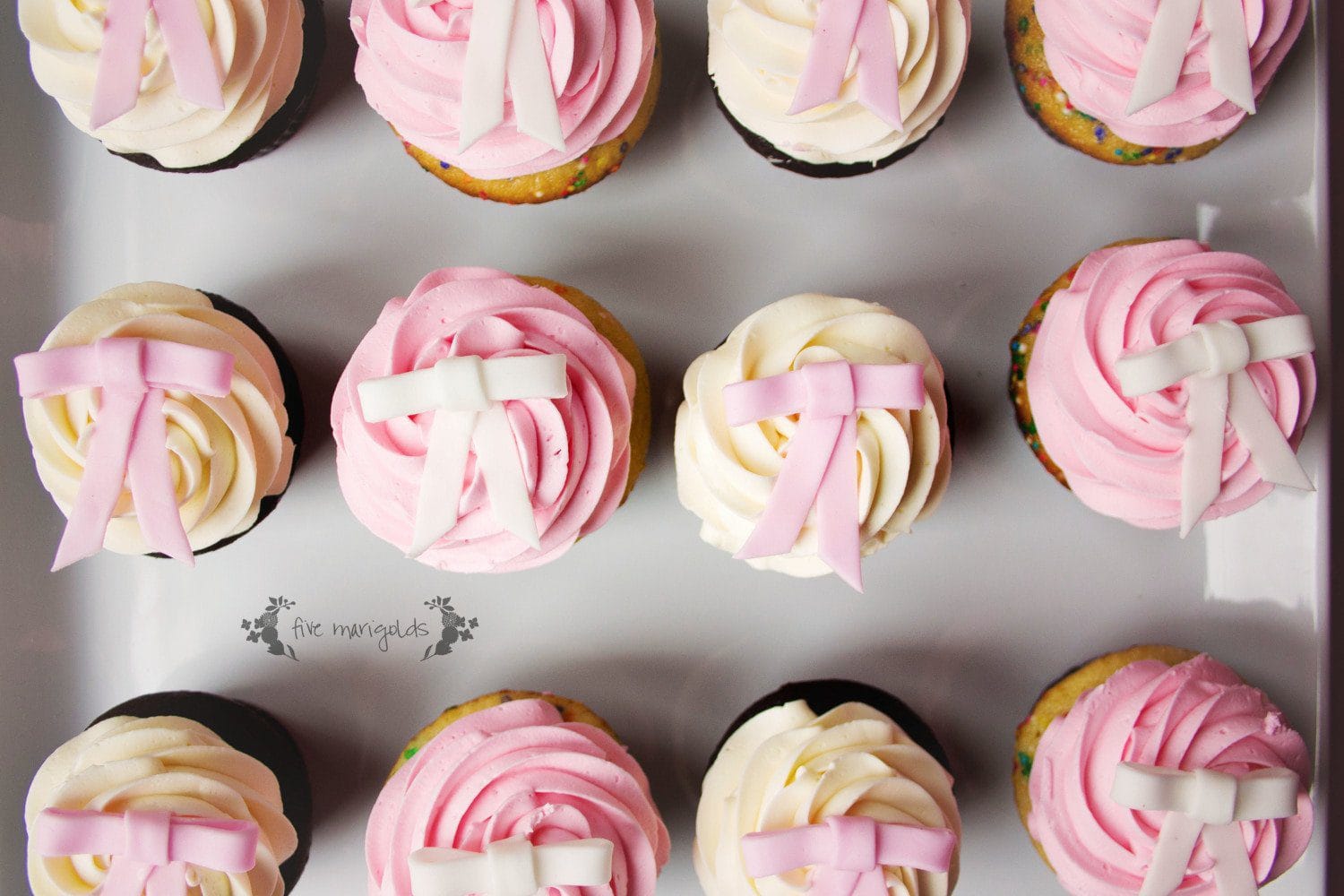 Baby Girl Bow Birthday Party Pink Bow Cupcakes | Five Marigolds