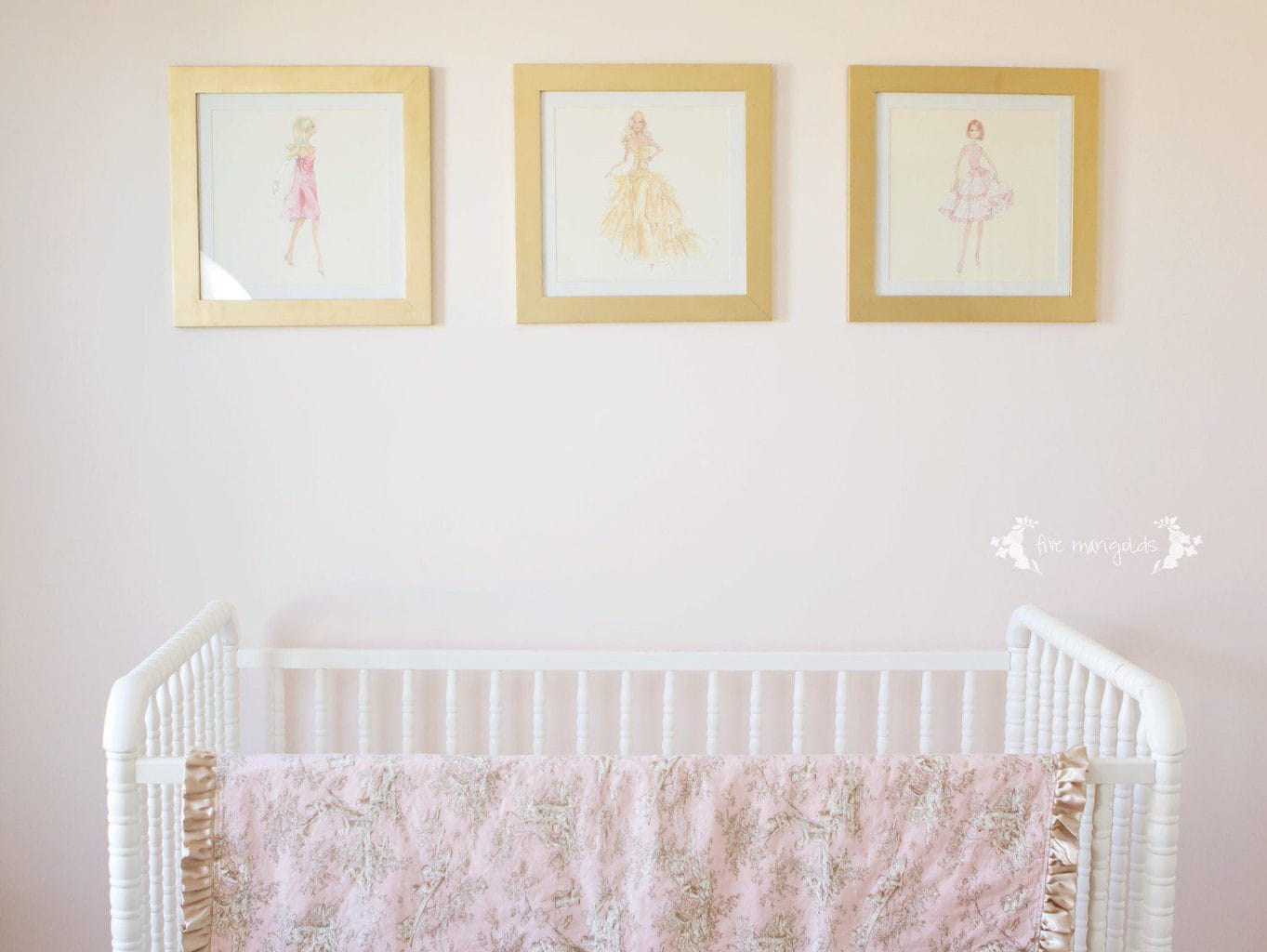 Sophisticated Blush and Gold Baby Nursery with toile accents and Jenny Lind crib | Five Marigolds