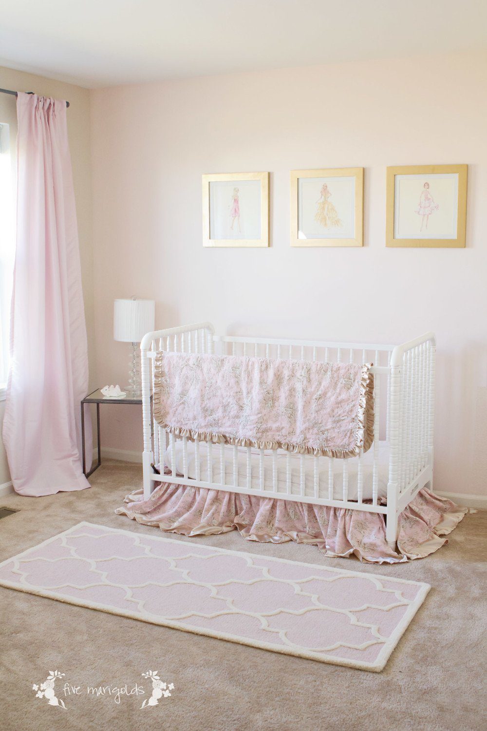 Sophisticated Blush and Gold Baby Nursery with toile accents and Jenny Lind crib | Five Marigolds
