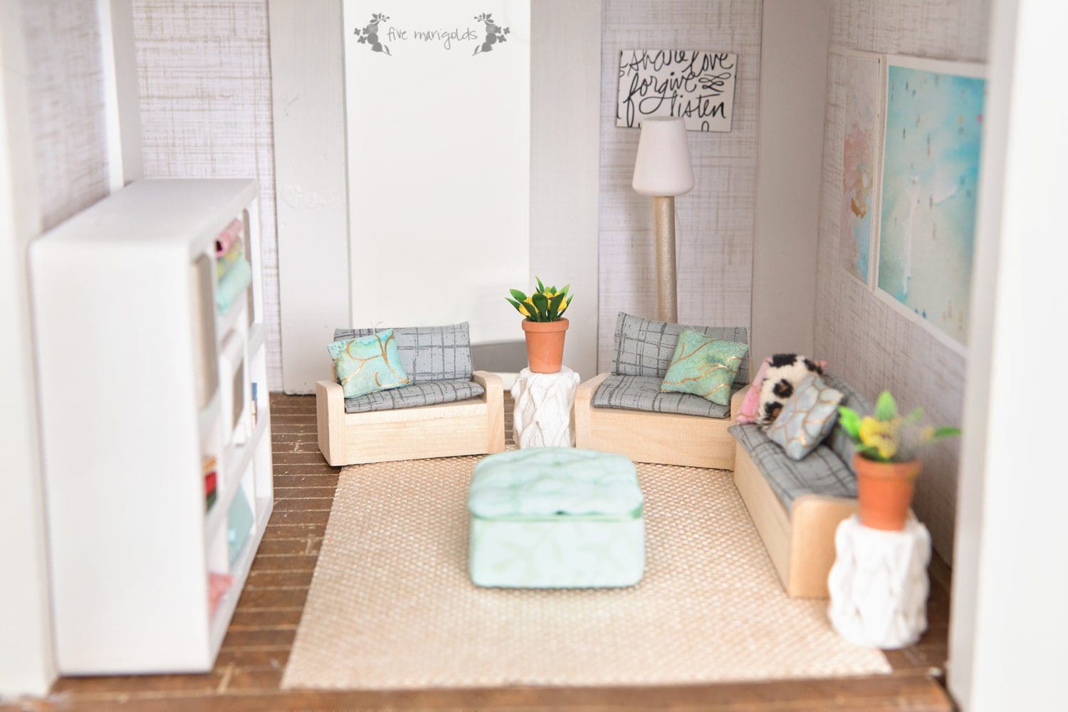 Vintage Dollhouse Remodel: Living Room for less than $10| www.fivemarigolds.com