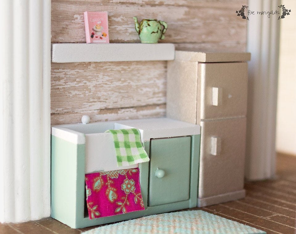 Vintage Dollhouse Kitchen Remodel less than $10 | Five Marigolds