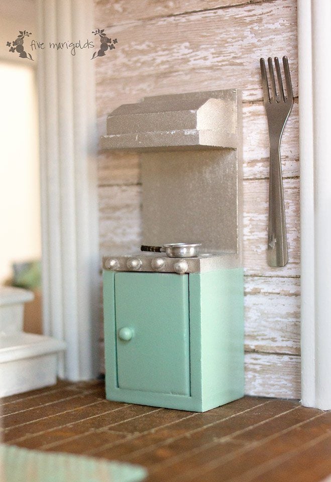 Vintage Dollhouse Kitchen Remodel less than $10 | Five Marigolds