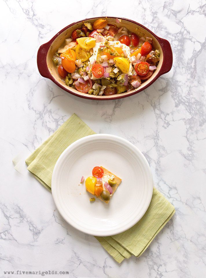 Baked Feta with Mediterranean Salsa Recipe | Five Marigolds #ad