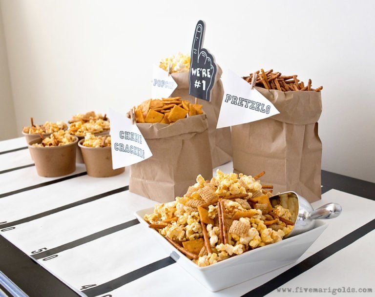 Sweet and Spicy Party Mix Recipes | Five Marigolds #ad #AllStarSnackBar 