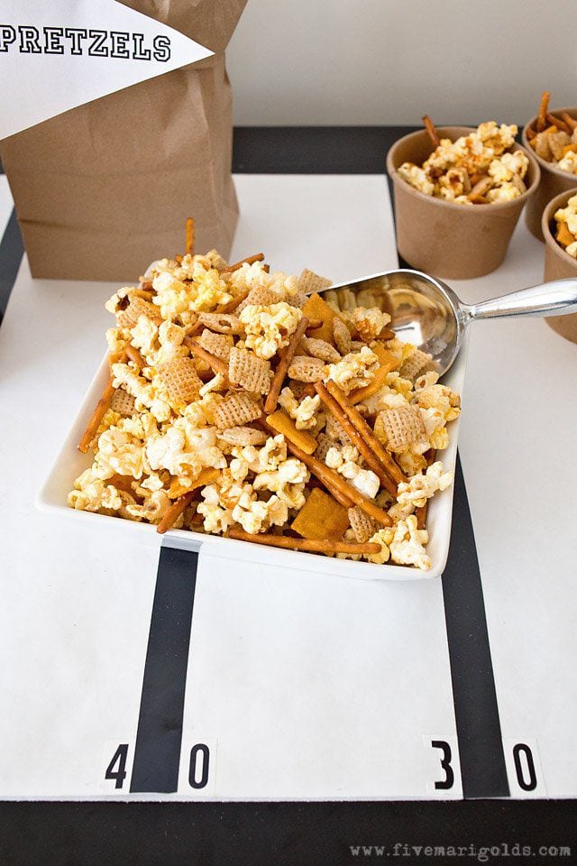 Sweet and Spicy Party Mix Recipes | Five Marigolds #ad #AllStarSnackBar 