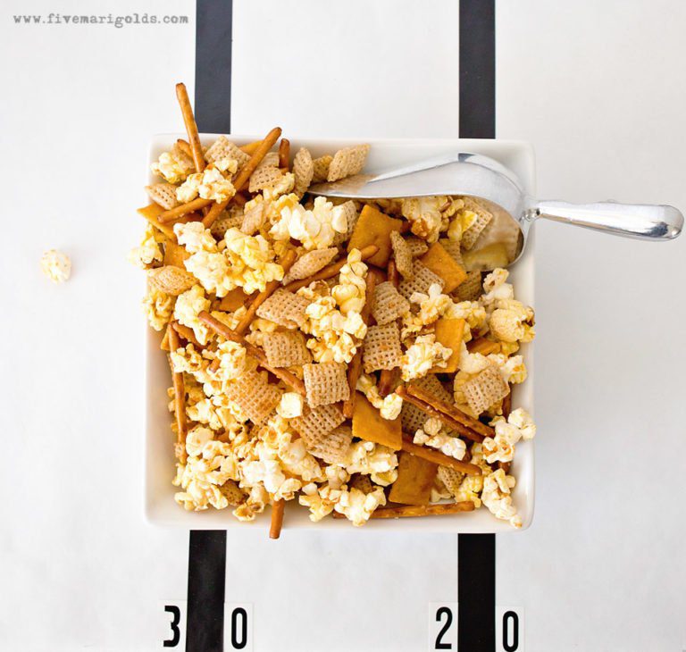 Sweet and Spicy Party Mix Recipes | Five Marigolds #ad #AllStarSnackBar 