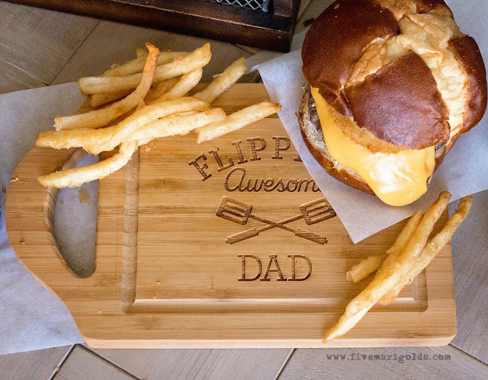 Beer Cheese Burgers with Onion Rings and Cheese Fries | Five Marigolds