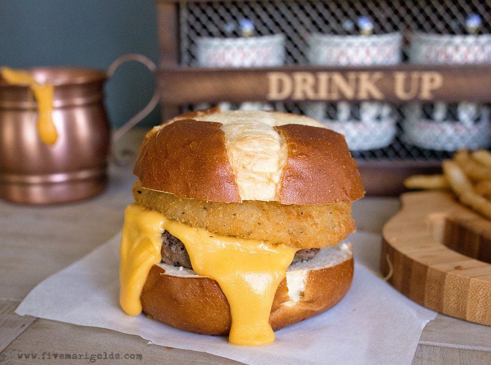 Beer Cheese Burgers with Onion Rings and Cheese Fries | Five Marigolds