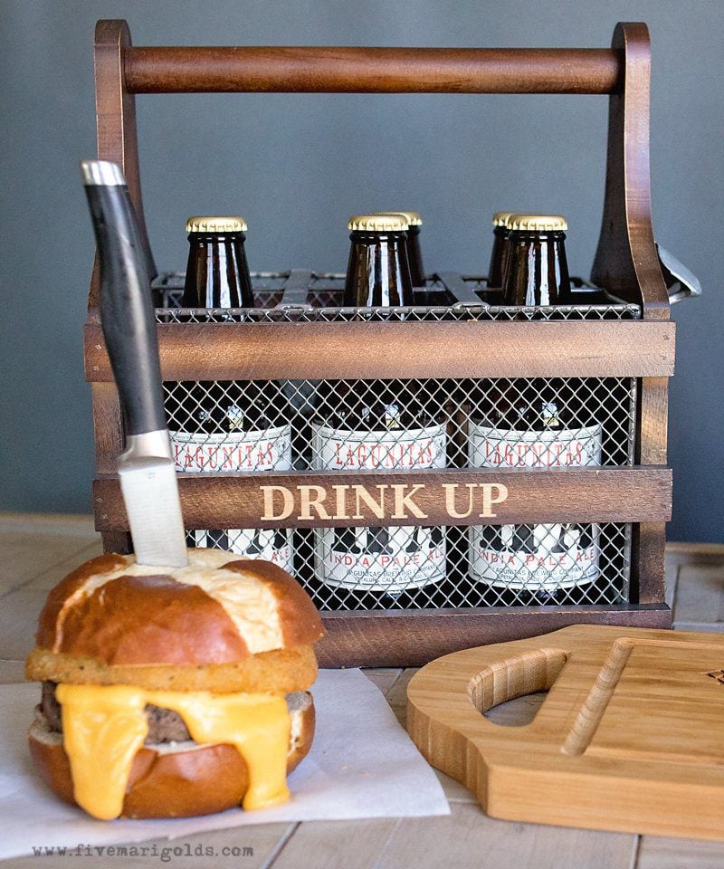 Beer Cheese Burgers with Onion Rings and Cheese Fries | Five Marigolds