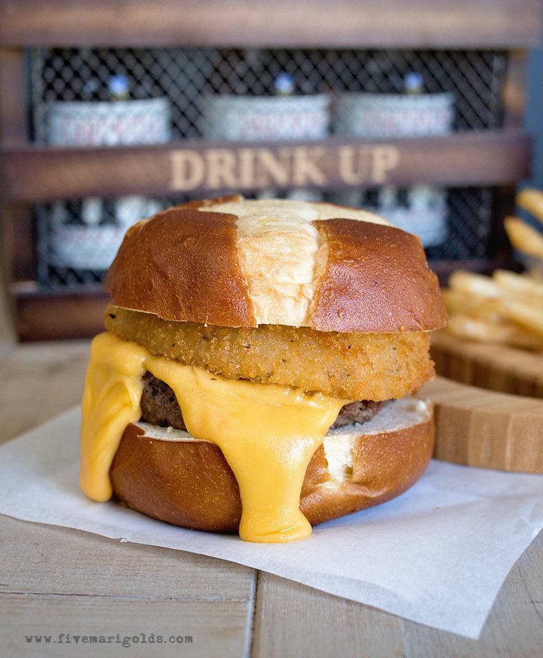 Beer Cheese Burgers with Onion Rings | Five Marigolds