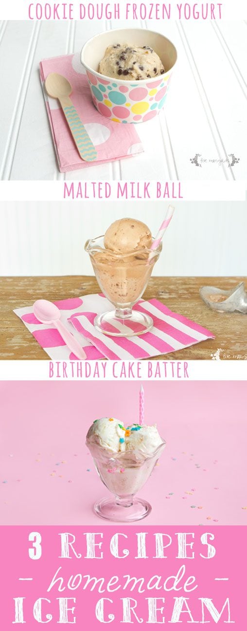 3 Recipes for egg-free, no churn, Homemade Ice Cream: Cookie Dough Frozen Yogurt, Malted Milk Ball, and Birthday Cake Batter | Five Marigolds