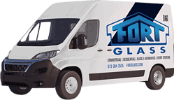 High-quality custom glass installation van with Fort Glass branding, showcasing professionally designed commercial and residential glass solutions.