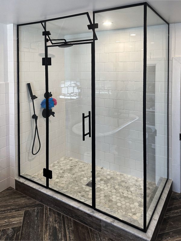 project fort showers black framed l shaped swing pivoting steam release panel