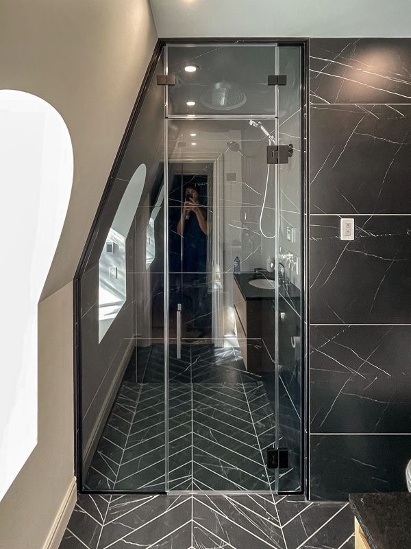 project fort showers custom angled wall cut panel satin black channels frameless door pivoting steam panel