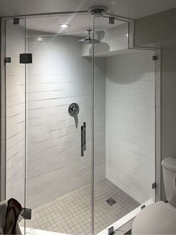 project fort showers custom shape cut panels frameless chrome clamps swing