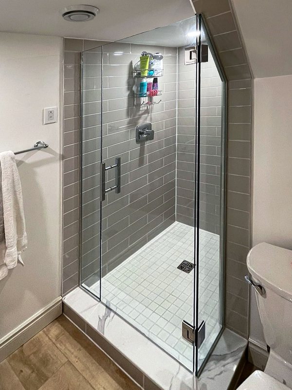 project fort showers frameless l shaped custom chrome swing