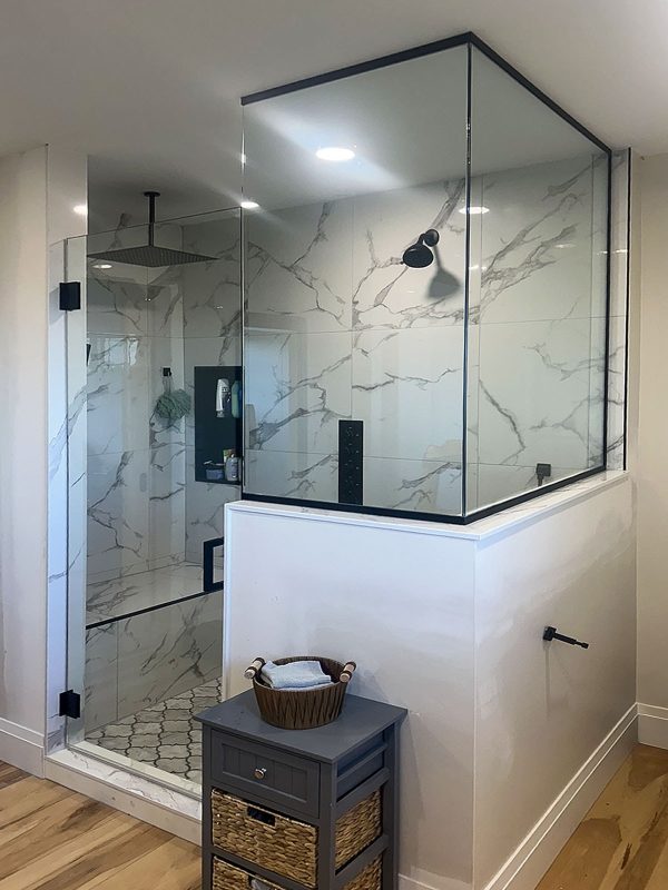 project fort showers l shaped over knee wall frameless swing black hardware