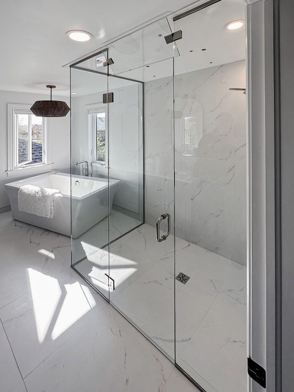 project fort showers large l shaped floor to ceiling brushed nickel channels pivoting steam panel open