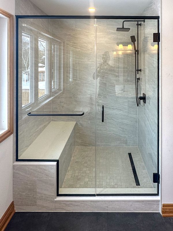 project fort showers wall to wall custom cut swing door black channels