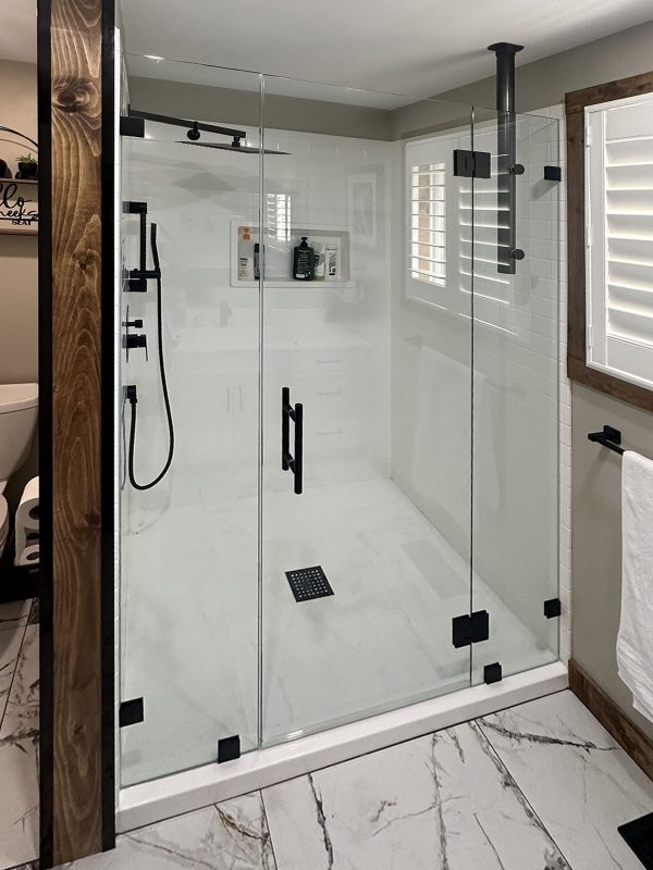 project fort showers wall to wall frameless black clamps frameless swing