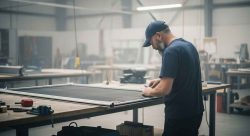 Precision custom glass fabrication in a professional workshop with a craftsman assembling glass panels for residential or commercial projects.