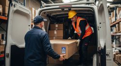 Custom glass product delivery for commercial projects, showcasing careful handling and secure transportation.