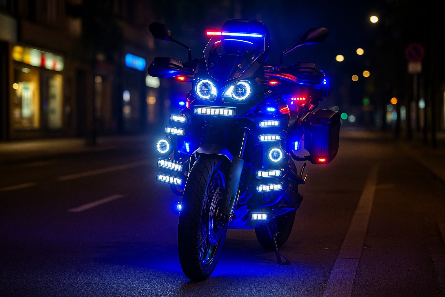 Motorrad mit übertriebener LED Beleuchtung